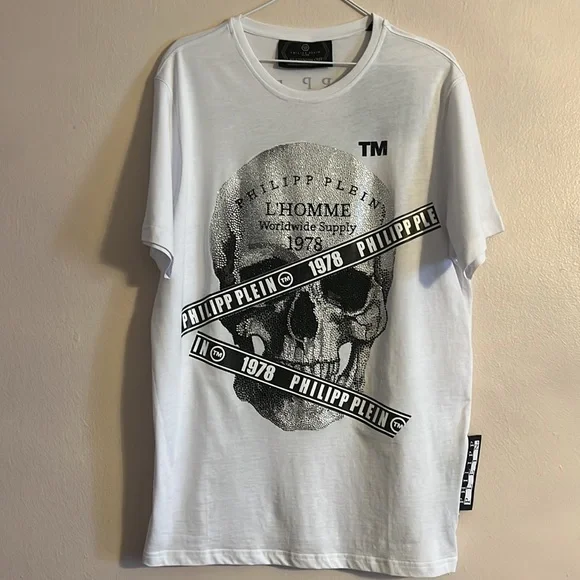 Philipp Plein platinum cut Swarovski crystal skull rhinestone logo